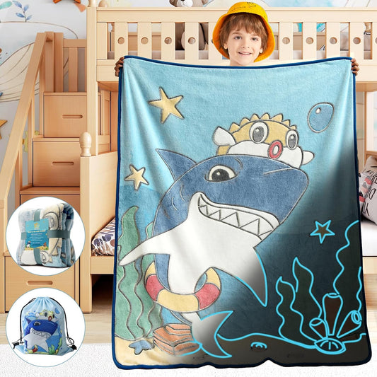 Glow in The Dark Shark Blanket, Cool Shark Toys Birthday Gifts for Kids Toddler Boys Shark Lovers Blue Luminous Throw Blanket